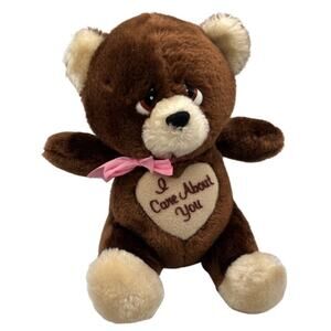 Vintage RUSS BERRIE Teddy Bear I Care About You Brown Small Bear 80s Gift